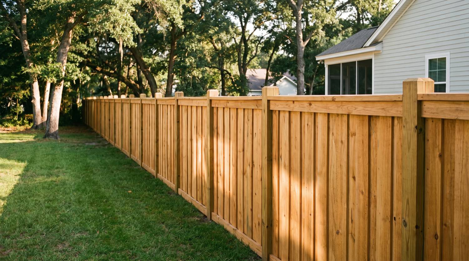 A new wood privacy fence running true along a Charleston property line