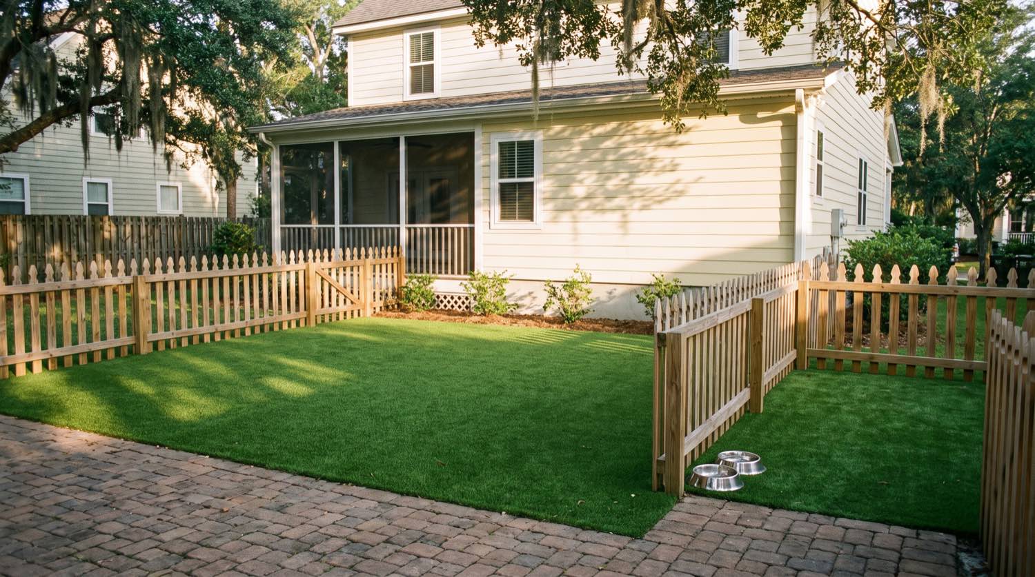 Artificial turf laid behind a Lowcountry house beside a small patio