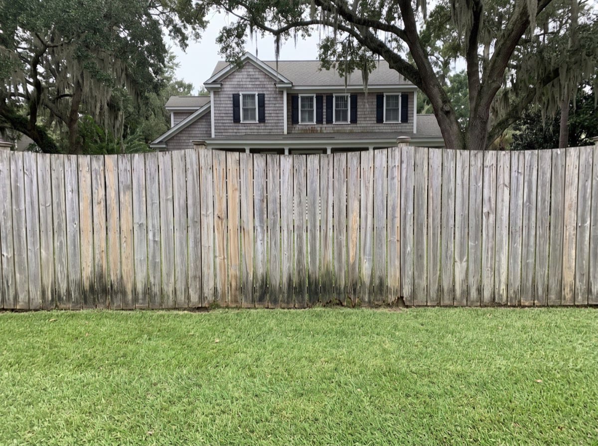 An old grey six foot wood privacy fence, split and sagging, before replacement