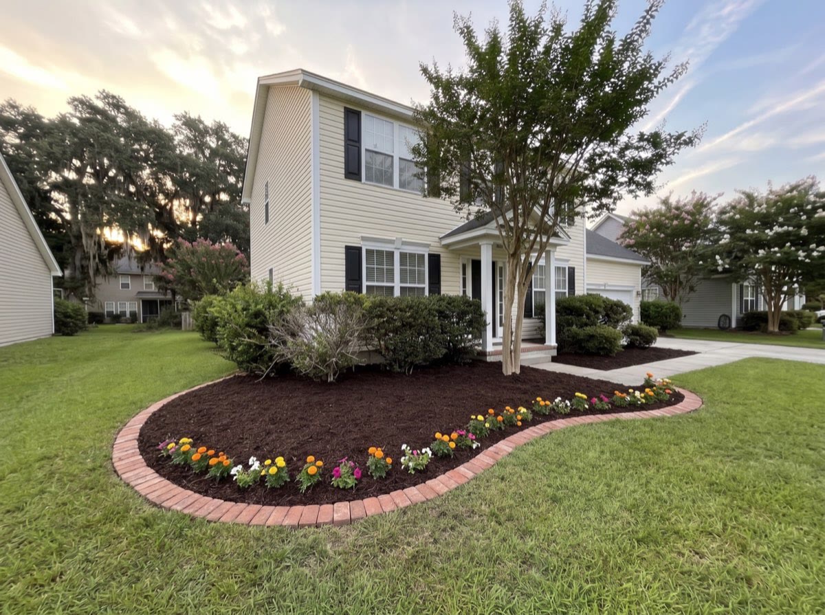 The same beds with brick paver edging, fresh dark mulch and shaped shrubs
