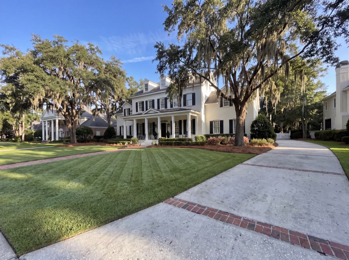 The same lawn cut short with soft mowing stripes and edges cut sharp